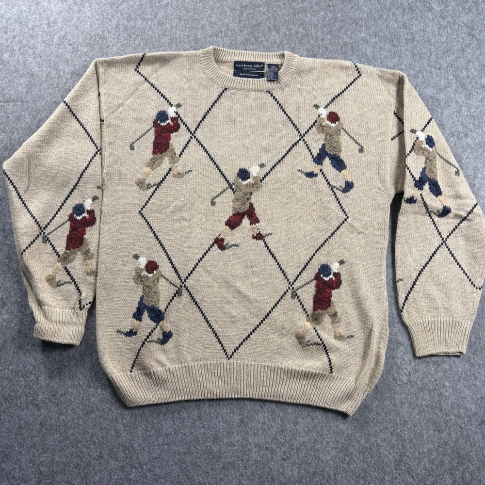 Vintage Northern Isles Mens XL Golf Sweater Argyle Hand Embroidered Pullover